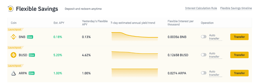 Binance Savings Page