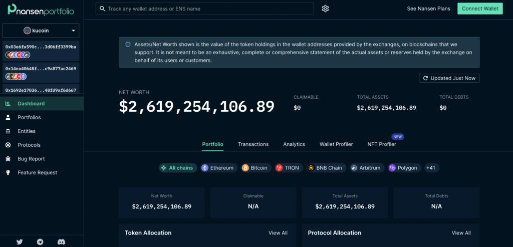 KuCoin portfolio of holdings by Nansen