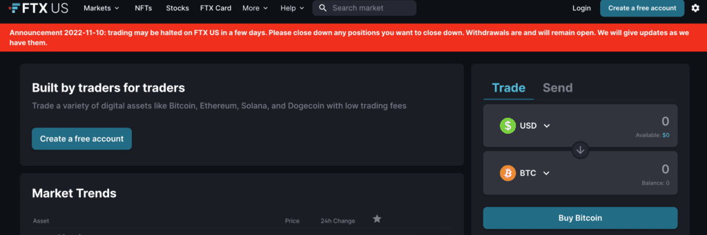 Banner on FTX US website