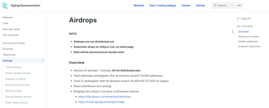 ZigZag Exchange token airdrop information